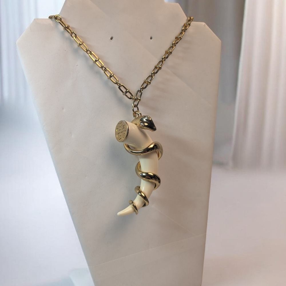 Tory Burch Horn and Serpent Pendant Necklace 29" Long Gold Tone & Cream